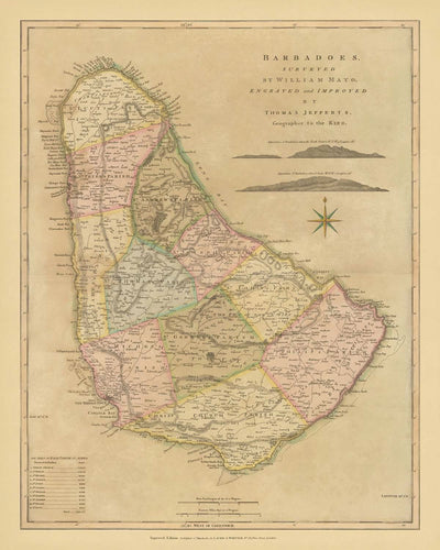 Old Map of Barbados by Mayo, 1810: Bridgetown, Speightstown, Parishes, Forts, Compass Rose