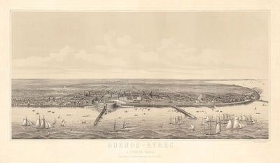 Antiguo mapa a vista de pájaro de Buenos Aires por Dulin, 1880: Casa Rosada, Puerto Madero, Correo Central, Gabildo, Río de la Plata