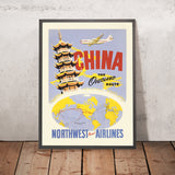 Poster di viaggio della Cina: la rotta via terra di Northwest Orient Airlines, 1950 