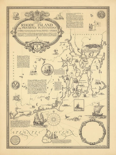 Mapa pictórico antiguo de Rhode Island realizado por Clegg, 1925: Providence, Newport, barcos, rosa de los vientos, Block Island