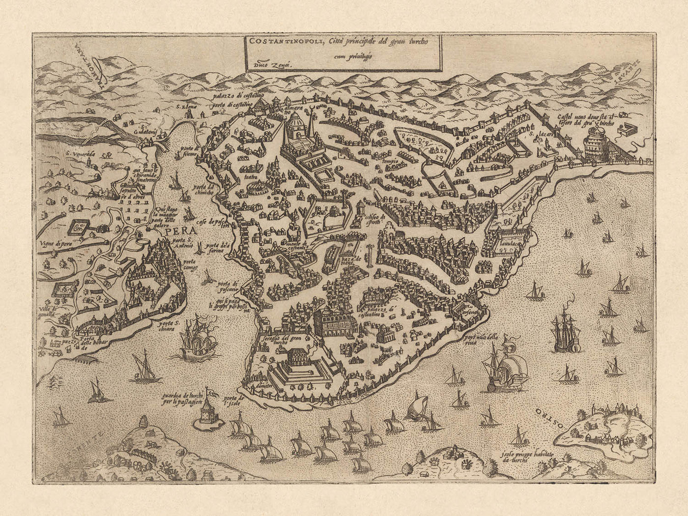 Ancient Bird’s Eye Map of Istanbul by Zenoi, 1572: Hagia Sophia, Topkapi Palace, Hippodrome, City Walls, Golden Horn