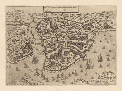 Ancient Bird’s Eye Map of Istanbul by Zenoi, 1572: Hagia Sophia, Topkapi Palace, Hippodrome, City Walls, Golden Horn