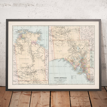 Mapa antiguo del condado de Australia del Sur de Stanford, 1904: Adelaida, río Murray, lago Eyre, cordillera Flinders, ferrocarriles 
