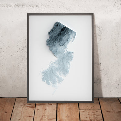 A framed image of a 3D style topographic relief map ofNew Jersey