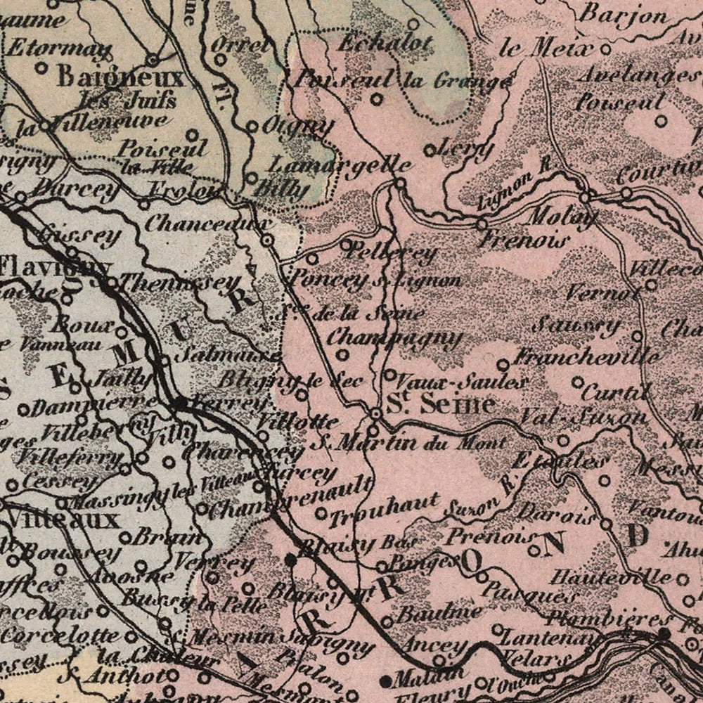 Old Map of Côte-d'Or by Vuillemin, 1869: Dijon, Beaune, Vineyards, Rivers, Coats-of-Arms