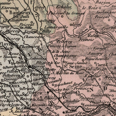 Old Map of Côte-d'Or by Vuillemin, 1869: Dijon, Beaune, Vineyards, Rivers, Coats-of-Arms