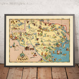 Carte picturale du Texas par Ruth Taylor White, 1935 : Houston, Dallas, San Antonio, champs pétroliers, ranchs 