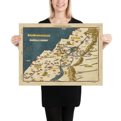 Mapa antiguo de Israel de Bunting, 1581: Jerusalén, río Jordán, mar Muerto, monte Carmelo, monstruos marinos