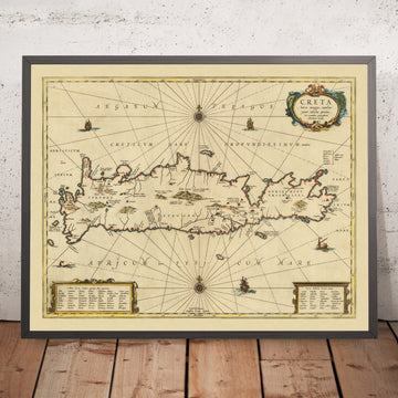 Mapa antiguo de Creta por Jansson, 1650: Cidonia, Cnosos, Monstruo marino, Embarcaciones marítimas, 