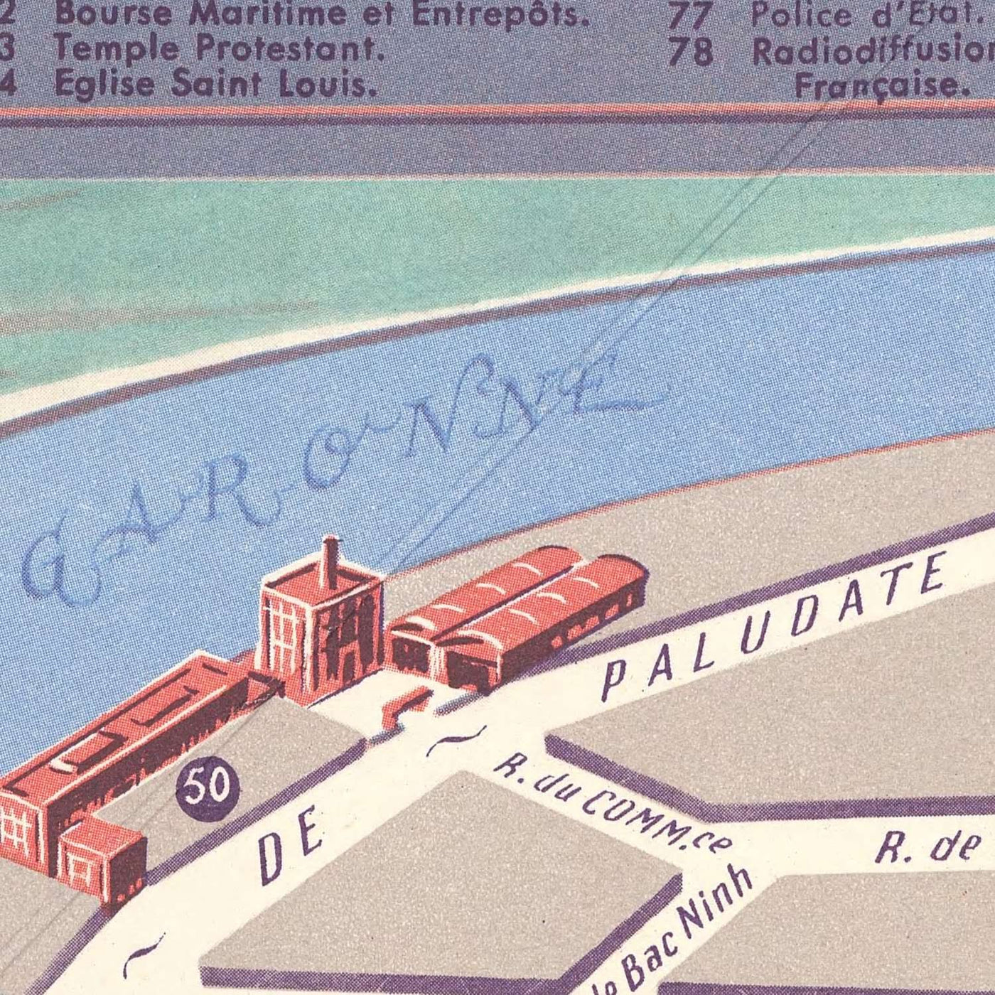 Carte ancienne picturale de Bordeaux, 1950 : Place de la Comédie, Quinconces, Grand Théâtre, Pont de Pierre, Parc Bordelais.