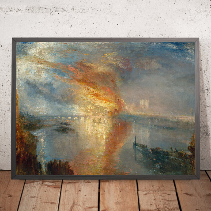 A framed image of The Burning of the Houses of Lords and Commons 16 October 1834 by Turner 1835