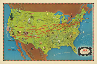 Ancienne carte illustrée des États-Unis, 1948 : NYC, LA, Chicago, itinéraires TWA, points de repère