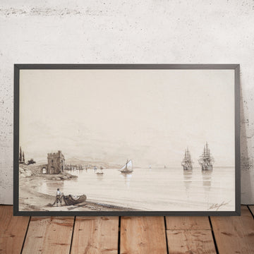 A framed image of View of a Bay with Numerous Sailing Ships by Ivan Konstantinovich Aivazovsky, 1817
