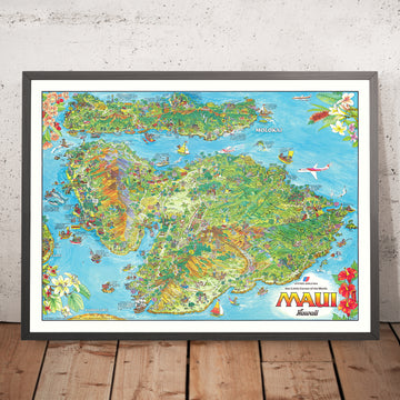 Antigua Mapa Pictórico de Hawái por Forrest, 1979: Kahului, Haleakalā, Lahaina, Valle de Iao, Molokini 