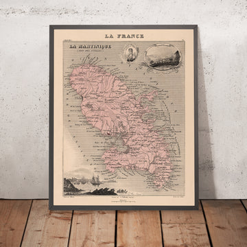 Ancienne carte de la Martinique, Antilles françaises par Vuillemin, 1869 : Fort-de-France, Saint-Pierre, Canne à sucre 