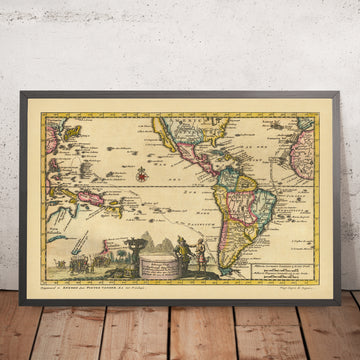 Mapa antiguo del viaje de Magallanes de Van der Aa, 1706: primera circunnavegación; Estrecho de Magallanes; España a las Molucas 