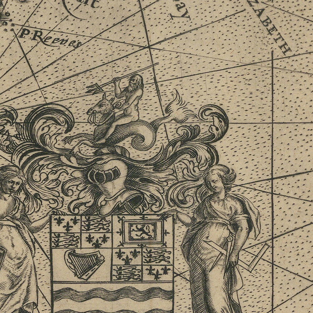 First Map of New England by John Smith, 1616: Boston, Plymouth, Cape Ann, Ornate Baroque Design