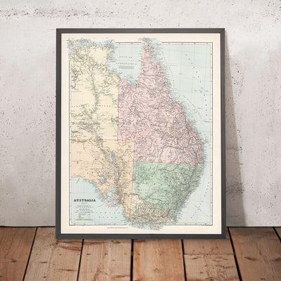 Alte Karte von Ost-Australien von Stanford, 1887: Sydney, Melbourne, Brisbane, Great Dividing Range, Eisenbahnen 