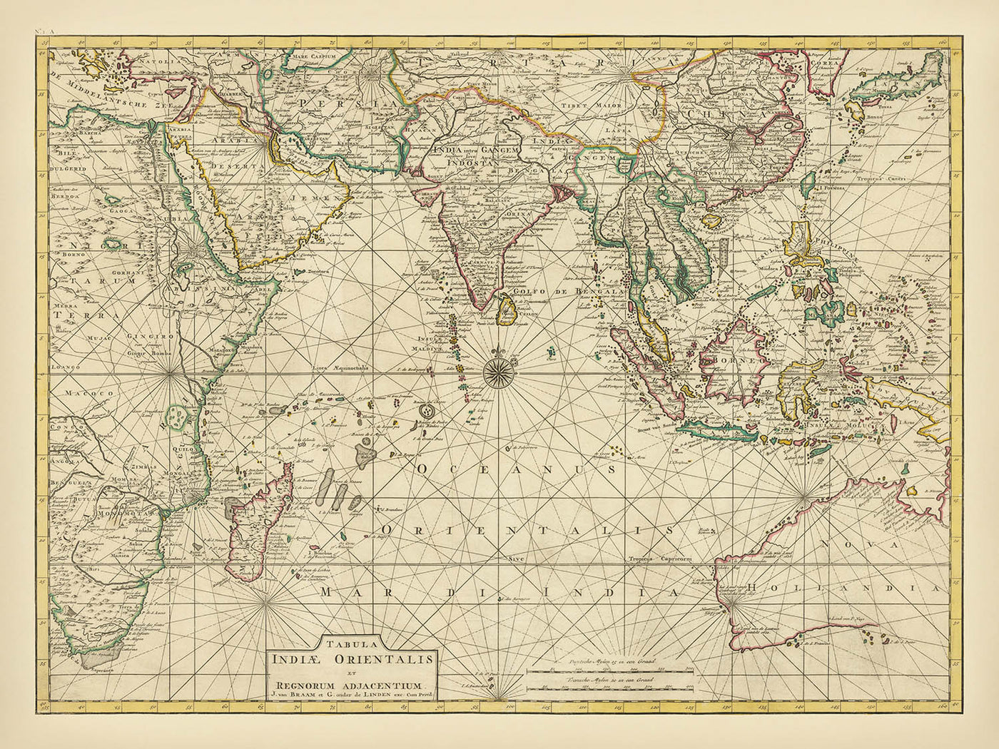 Old Map of the Indian Ocean & East Indies by François Valentijn, 1724: Dutch VOC Trade Routes, Early Australia