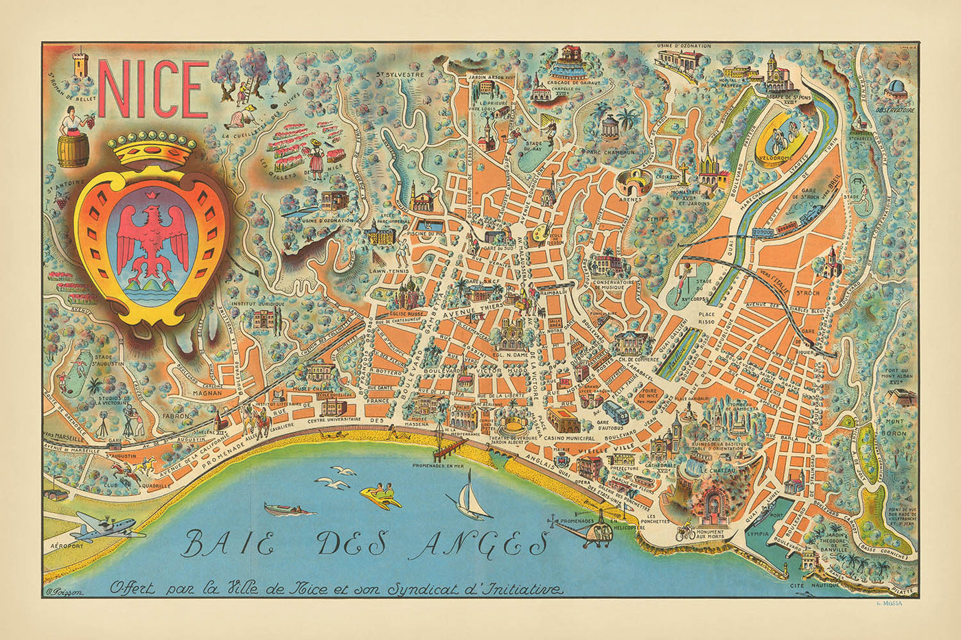 Old Pictorial Map of Nice by Poisson, 1950: Promenade des Anglais, Victorine Studios, Castle, Notre Dame, Baie des Anges