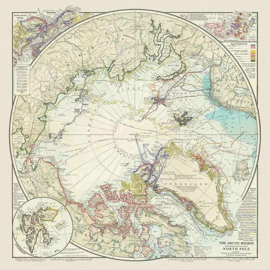 Antigua Mapa de la Exploración del Polo Norte, 1910: Ruta de Peary, Viajes Árticos 