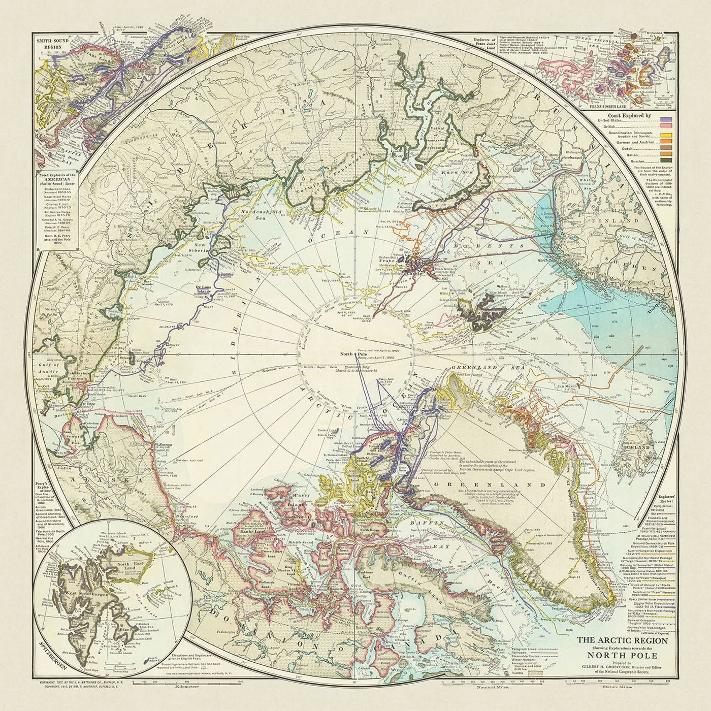 Alte Karte der Nordpolforschung, 1910: Peary's Route, Arktisreisen, Grönland, Spitzbergen, Sibirien