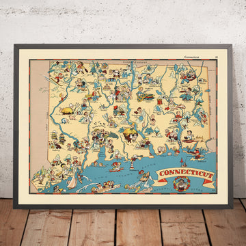 Mappa Pittorica del Connecticut di Ruth Taylor White, 1935: Bridgeport, New Haven, Yale, Long Island Sound, Fiume Connecticut 