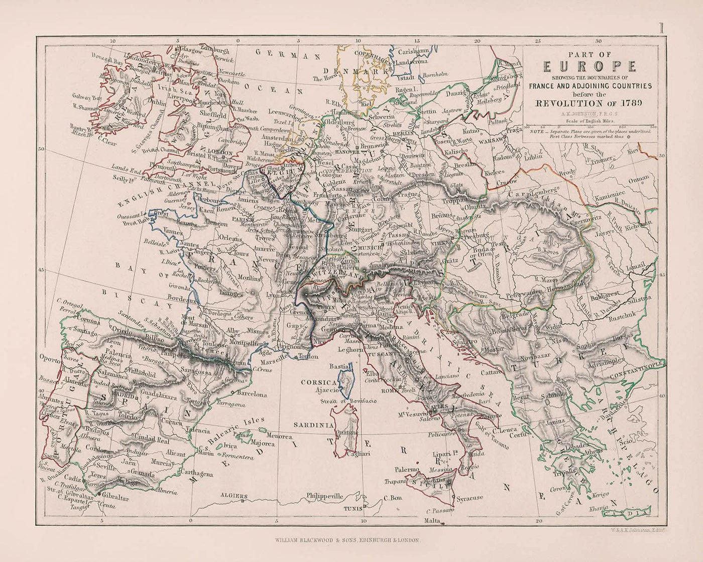 Alte Karte des vorrevolutionären Europas von Johnston, 1789: Paris, Rom, Wien, Militärgrenzen