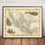 Ancienne carte du Mexique, de la Californie et du Texas par Tallis, 1851 : Ruée vers l'or, République du Texas, Yucatán, Rio Grande, frontière pré-Gadsden 