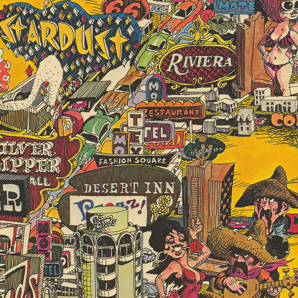 Ancienne carte illustrée de Las Vegas par Hinton, 1970 : le Strip, le Caesars Palace, le Circus Circus, la rue Fremont et le centre des congrès