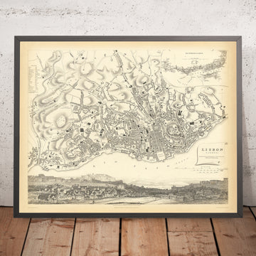 Old Map of Lisbon, 1833: São Jorge, Praça do Comércio, Bairro Alto, Alfama, Tagus River