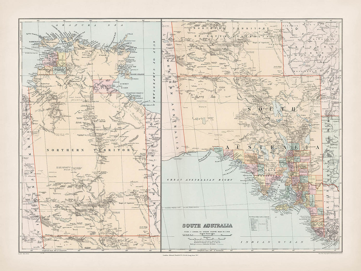 Old County Map of South Australia by Stanford, 1904: Adelaide, Murray River, Lake Eyre, Flinders Ranges, Railways