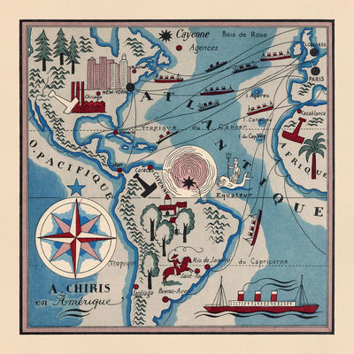 Mapa antiguo de las Américas de Mazuyer, 1931: ilustraciones vívidas, artefactos culturales, estilo pictórico