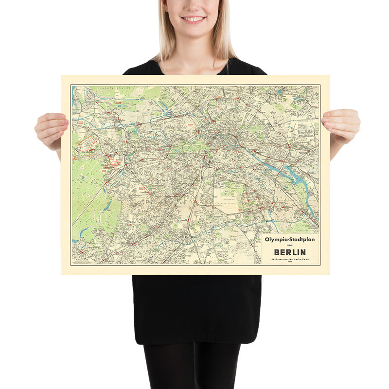 Large Old Summer Olympics Map of Berlin, 1936: Charlottenburg, Tiergarten, Olympic Stadium