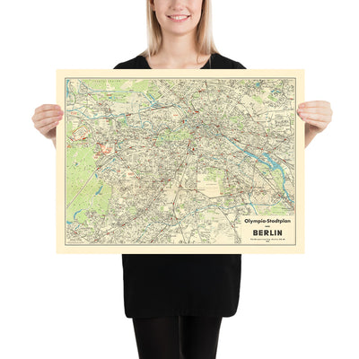 Large Old Summer Olympics Map of Berlin, 1936: Charlottenburg, Tiergarten, Olympic Stadium