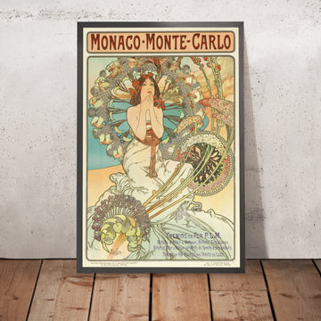 A framed image of Monaco and Monte Carlo Travel Poster by Alphonse Mucha, 1897
