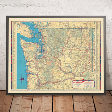 Old Road Map of Washington, 1937: Seattle, Spokane, Tacoma, Columbia River, Mt Rainier NP
