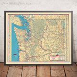 Old Road Map of Washington, 1937: Seattle, Spokane, Tacoma, Columbia River, Mt Rainier NP