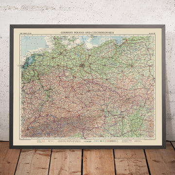 Old Topographical Map of Germany, Poland & Switzerland by Bartholomew, 1955: Berlin, Warsaw, Zurich, Alps, Rhine