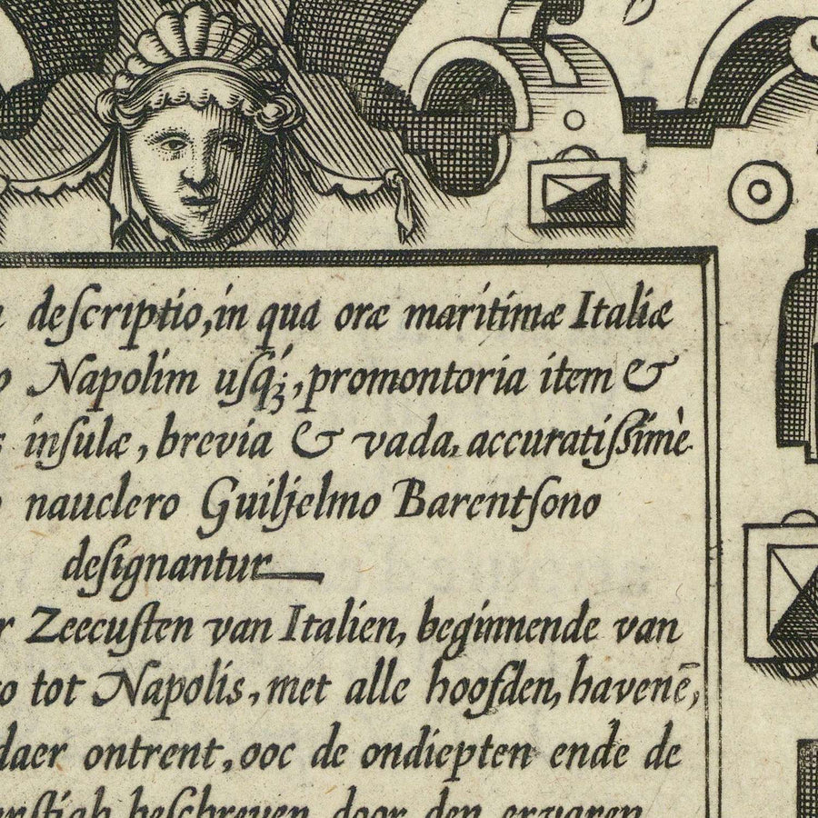 Prima mappa della costa mediterranea italiana di Barentsz, 1595: Napoli, Roma, Capri, Sorrento, Gaeta, Ischia 