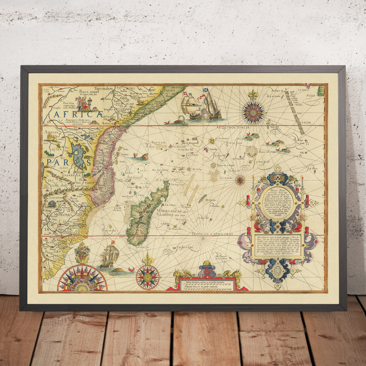 Old Map of East Africa & Indian Ocean by Linschoten, 1596: Mozambique, Zanzibar, Madagascar, Mogadishu, Prester John