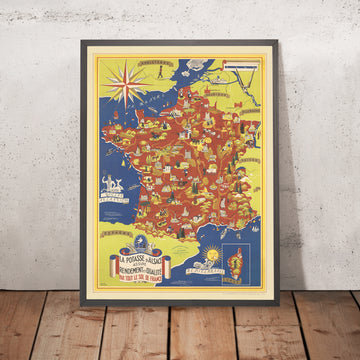 Vecchia mappa pittorica della Francia di Lucien Boucher, 1950: Alpi, Pirenei, Agricoltura, Uva 