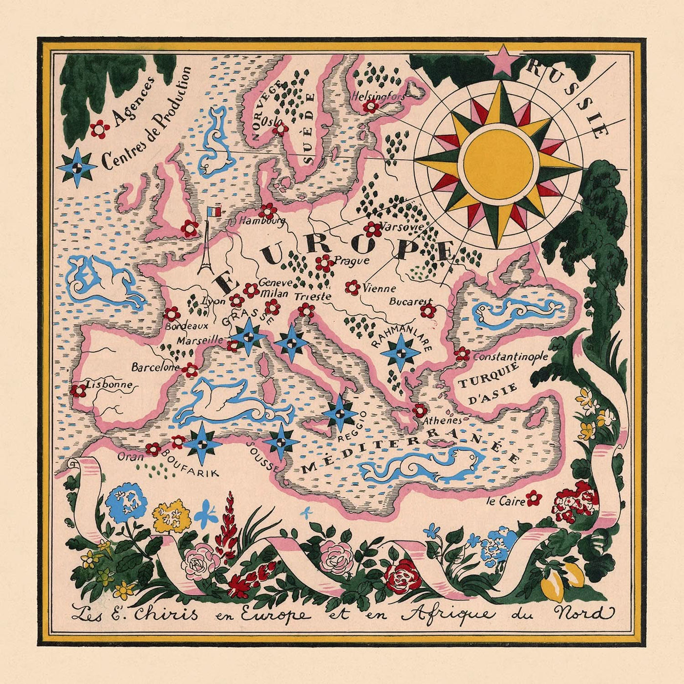 Carte ancienne de l'Europe et de l'Afrique du Nord par Mazuyer, 1931 : style pictural, bordure florale, rose des vents