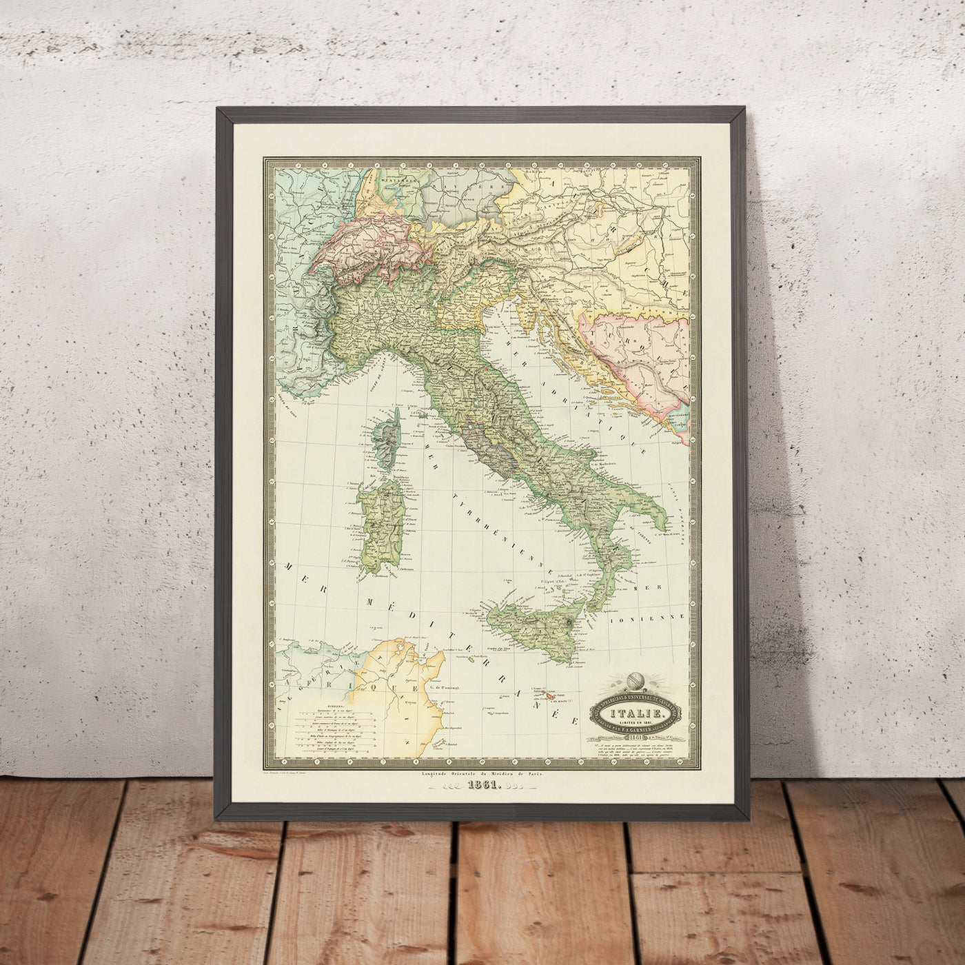 Old Map of Italy by Garnier, 1861: Unification, Rome, Milan, Venice, Alps, Po River