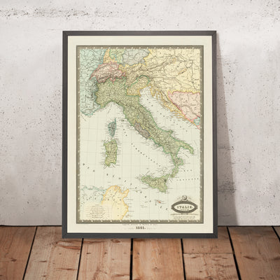 Old Map of Italy by Garnier, 1861: Unification, Rome, Milan, Venice, Alps, Po River