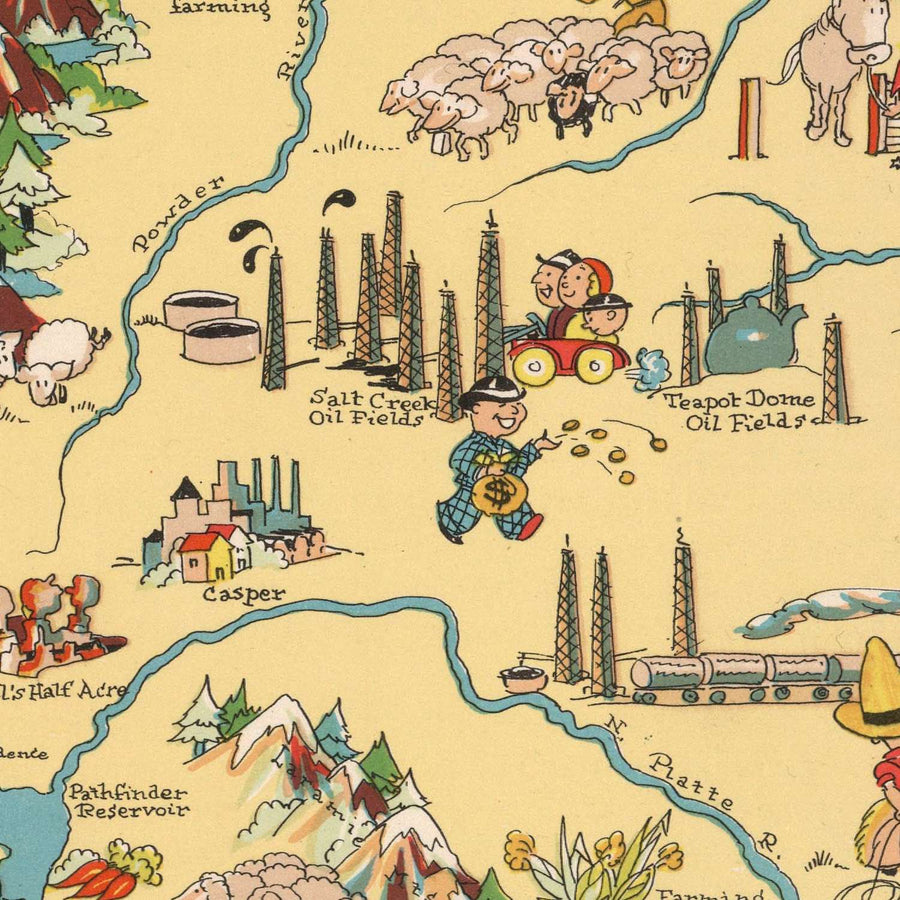 Mappa pittorica del Wyoming di Ruth Taylor White, 1935: Yellowstone, Grand Teton, Continental Divide, Wind River Range, Monti Bighorn 