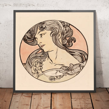 A framed image of Stained Glass for the Fouquet Boutique Façade by Alphonse Mucha, 1860