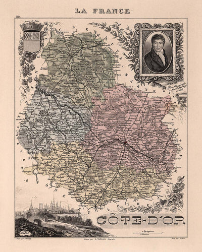 Old Map of Côte-d'Or by Vuillemin, 1869: Dijon, Beaune, Vineyards, Rivers, Coats-of-Arms