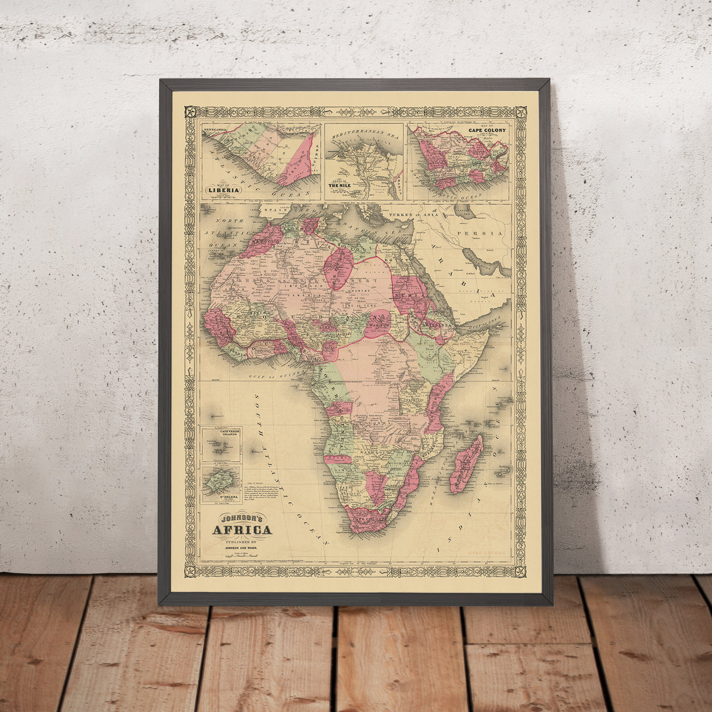 Old Map of Africa by Johnson, 1864: Colonial Borders, Explorer Routes, Cape Town & Liberia Inset