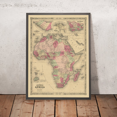 Old Map of Africa by Johnson, 1864: Colonial Borders, Explorer Routes, Cape Town & Liberia Inset
